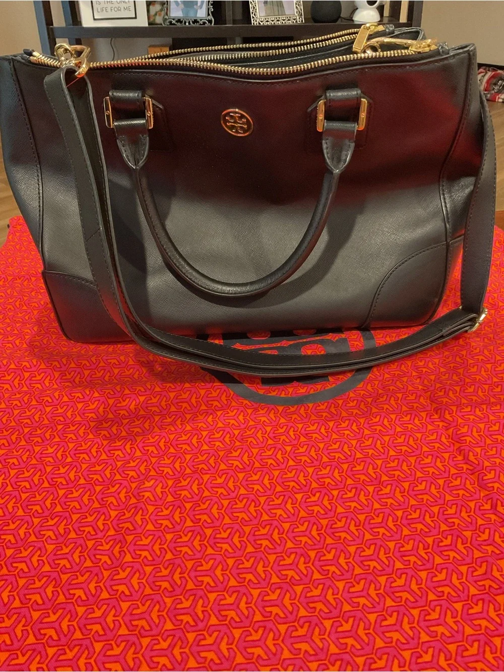 Tory Burch Black Leather Satchel with Gold Hardware